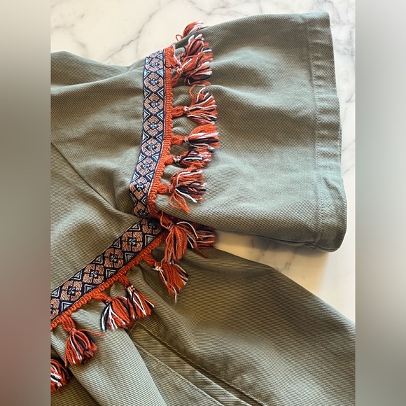 ZARA BASIC Dept. Z1975 DENIM Bell Sleeve Cotton Jacket W/ Fringe Trim L Olive - Picture 8 of 12